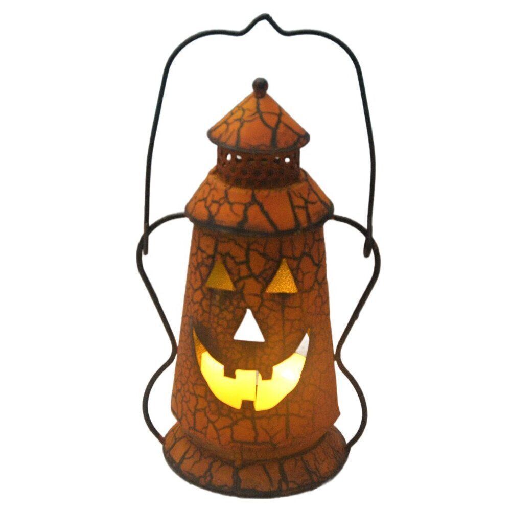 Halloween Jack-O-Lantern Metal Candle Holder with Handle Rustic Indoor Outdoor